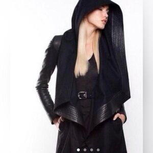 Skingraft leather wool coat